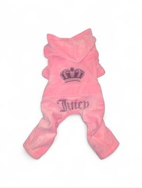 Juicy Couture Pink Velour Pet Onesie with Crown Embellishment - Size Small
